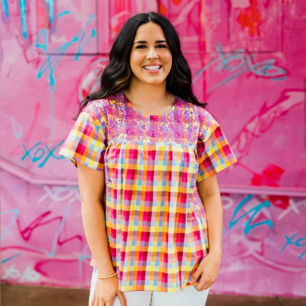 Layerz Clothing Floral Embroidery Multicolor Plaid Short‎ Sleeve Blouse Size S